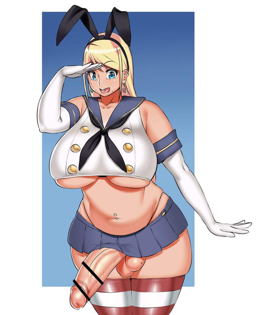 1girl bar_censor bare_shoulders blonde_hair blue_eyes breasts burakku-ra censored earrings elbow_gloves full-package_futanari futanari gloves hairband highleg huge_breasts jewelry kantai_collection large_penis long_hair looking_at_viewer micro_skirt mole navel navel_piercing open_mouth penis pleated_skirt plump sailor_collar sailor_uniform shimakaze_(kantai_collection) shimakaze_(kantai_collection)_(cosplay) skindentation skirt smile solo striped_legwear testicles thick_thighs thighhighs thong tongue tongue_piercing underboob wide_hips