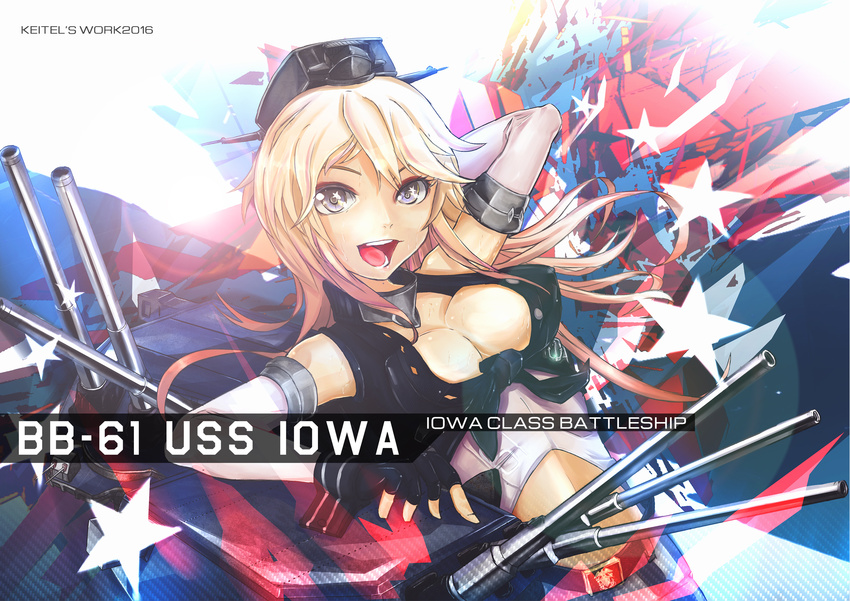 blonde_hair blush breasts character_name cleavage highres iowa_(kantai_collection) kantai_collection keitel_von_birsk large_breasts long_hair open_mouth smile solo star star-shaped_pupils symbol-shaped_pupils