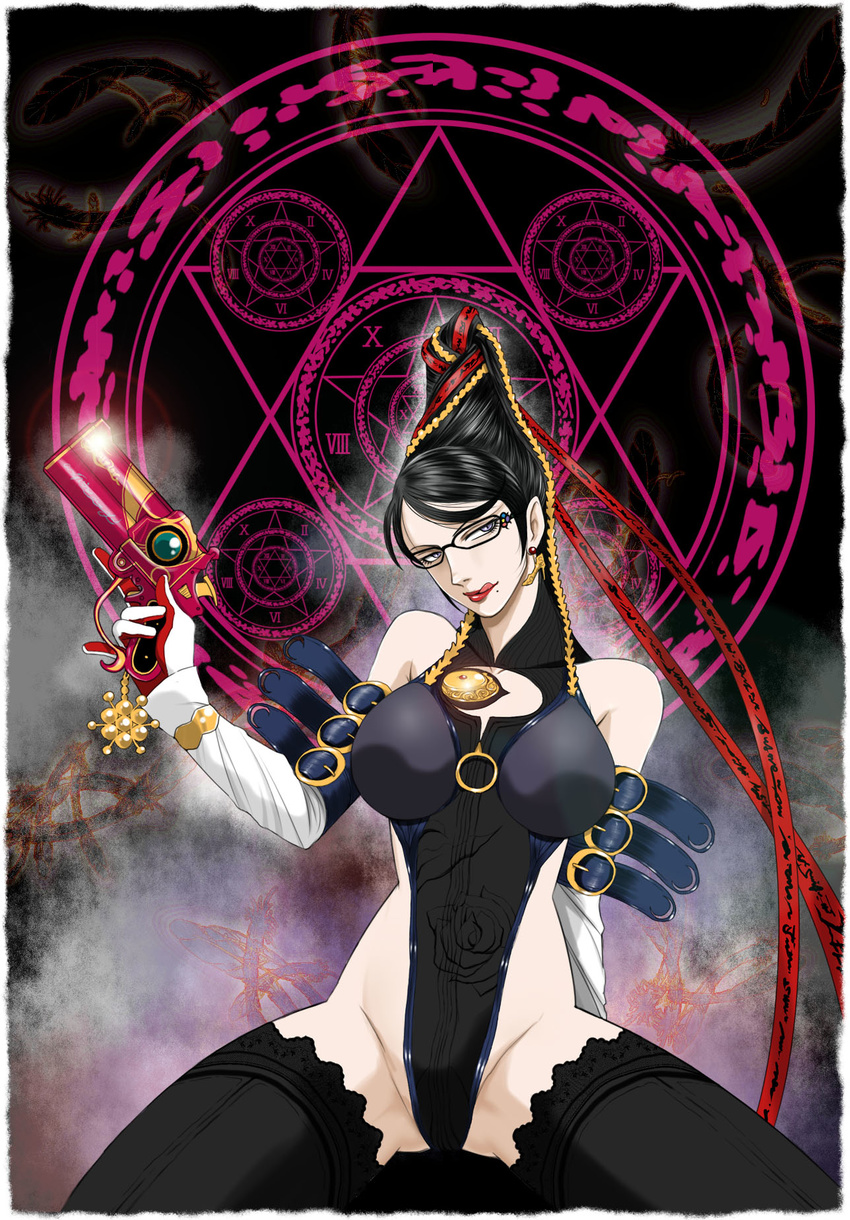 :q adapted_costume bare_shoulders bayonetta bayonetta_(character) beehive_hairdo black_legwear blue_eyes breasts elbow_gloves glasses gloves gun handgun highres large_breasts long_hair magic_circle mole mole_under_mouth pistol sabachiyo_land scarborough_fair_(bayonetta) solo thighhighs thighs tongue tongue_out weapon