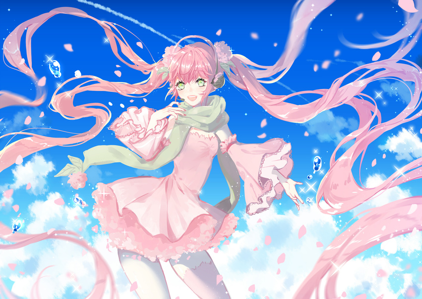 alternate_color alternate_costume alternate_hair_color boots cherry cherry_blossoms commentary_request detached_sleeves dress food fruit green_eyes hatsune_miku headset highres long_hair looking_at_viewer necktie petals pink pink_footwear pink_hair pink_legwear sakura_miku scarf short_sleeves skirt smile solo spring_(season) twintails very_long_hair vocaloid wide_sleeves yuzhi