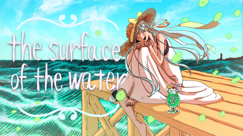 aqua_hair bad_id bad_pixiv_id barefoot bendy_straw blush closed_eyes cocktail cocktail_umbrella cup day dress drinking_glass drinking_straw english fingernails floating_hair foot_dangle hair_ribbon hands_on_own_knee hands_together hat hat_ribbon hatsune_miku head_down horizon hurricane_glass knee_up long_dress long_hair nail_polish ocean oonuma_mon open_mouth outdoors pier red_nails ribbon sitting sky sleeveless sleeveless_dress smile solo straw_hat sun_hat tears text_focus toenail_polish toenails twintails vocaloid white_dress wind