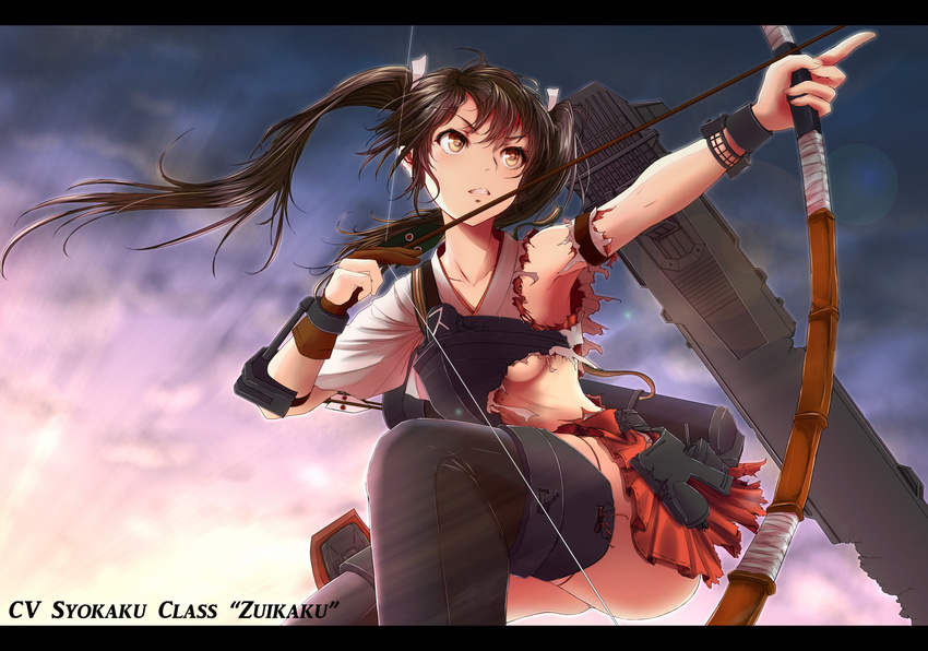 aiming arrow black_hair black_legwear bow_(weapon) breasts character_name drawing_bow highres holding holding_arrow holding_bow_(weapon) holding_weapon kantai_collection letterboxed long_hair nuka_(nvkka) outstretched_arm small_breasts solo sunset thighhighs torn_clothes twintails underboob weapon yellow_eyes zuikaku_(kantai_collection)