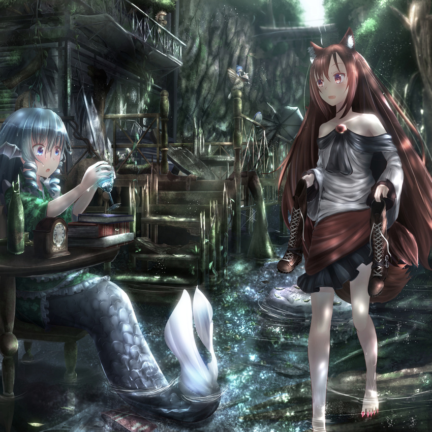 animal_ears bare_shoulders barefoot bird blue_hair blush book_stack boots boots_removed brown_hair cirno cross-laced_footwear dress full_body glass head_fins highres holding_boots imaizumi_kagerou japanese_clothes kimono knee_boots lace-up_boots long_hair long_sleeves looking_at_another mermaid monster_girl multiple_girls mystia_lorelei mystia_lorelei_(bird) nail_polish off_shoulder open_mouth partially_submerged pops scenery shoes_removed short_hair sitting smile stairs table tail touhou wakasagihime water wet wide_sleeves wolf_ears wolf_tail