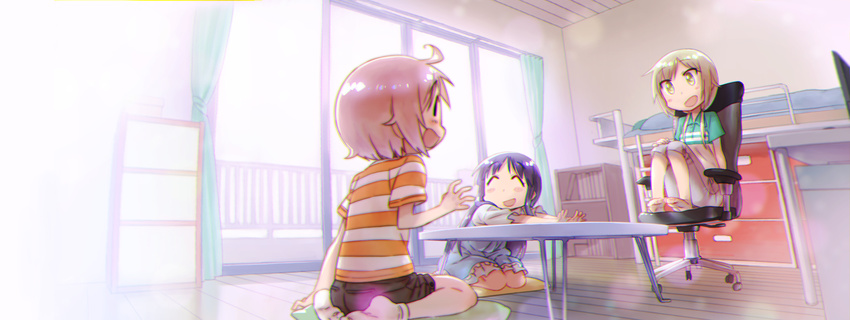 :d ^_^ backlighting barefoot bed bloom blurry blush_stickers bokeh brown_hair capri_pants casual chair chromatic_aberration closed_eyes curtains depth_of_field desk door feet_on_chair from_behind full_body glass hand_on_own_knee highres hinata_yukari ichii_yui indoors long_hair multiple_girls murakami_hisashi nonohara_yuzuko office_chair open_mouth pants pillow pink_hair purple_hair room shelf shirt short_hair short_sleeves sitting skirt smile socks striped striped_shirt t-shirt table twintails wariza window yellow_eyes yuyushiki