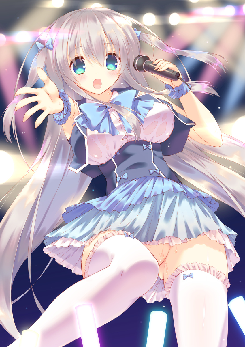 blue_eyes dress grey_hair highres long_hair microphone moe2016 mutsuno_hekisa no_bra no_panties original outstretched_hand pussy_juice see-through smile solo thighhighs twintails underbust upskirt vest wet wet_clothes white_legwear