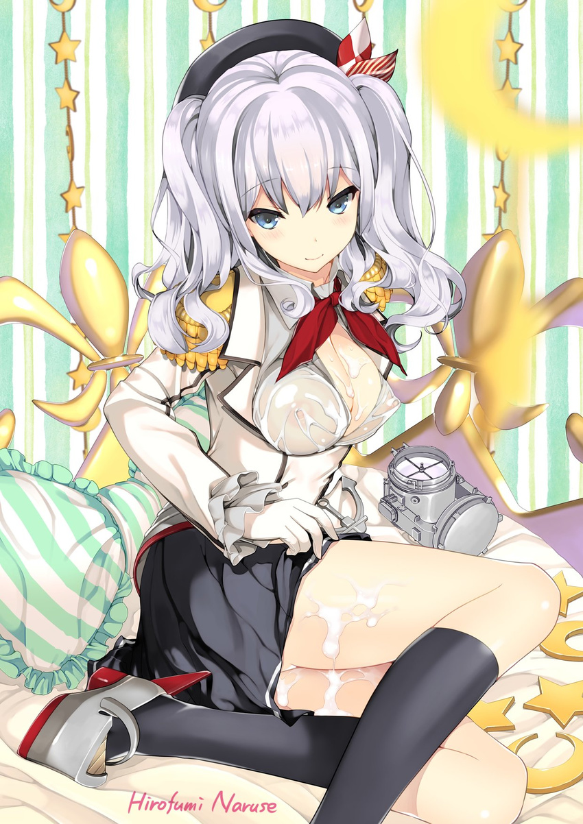 anchor artist_name black_legwear blue_eyes bow breasts cleavage covered_nipples cum cum_on_body cum_on_breasts cum_on_clothes cum_on_lower_body cum_on_upper_body frilled_pillow frills hat highres kantai_collection kashima_(kantai_collection) looking_at_viewer medium_breasts naruse_hirofumi nipples no_bra pillow pleated_skirt see-through shoes silver_hair skirt smile solo striped thighhighs wavy_hair wet wet_clothes