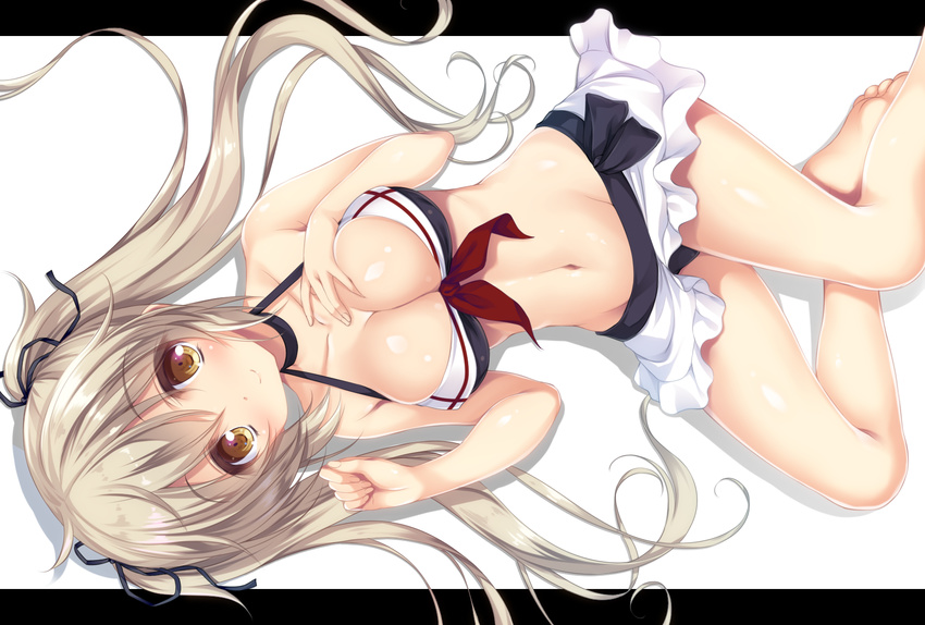 barefoot bikini blonde_hair breasts brown_eyes choker cleavage hair_ribbon highres kantai_collection letterboxed long_hair looking_at_viewer medium_breasts mikagami_mamizu murasame_(kantai_collection) navel revision ribbon skirt smile solo swimsuit thighs twintails