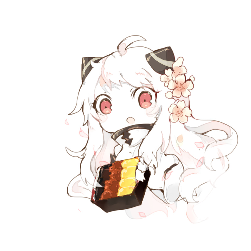 1girl ahoge airfield_hime blush chibi commentary_request flower food hair_flower hair_ornament highres horns kantai_collection leotard long_hair obentou open_mouth red_eyes shinkaisei-kan shirokitsune_(rin02ituki) very_long_hair wavy_hair white_hair white_skin