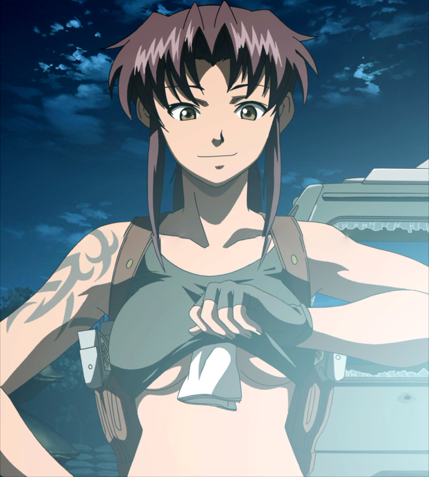 1girl black_lagoon highres purple_hair revy_(black_lagoon) smile solo standing stitched tattoo underboob