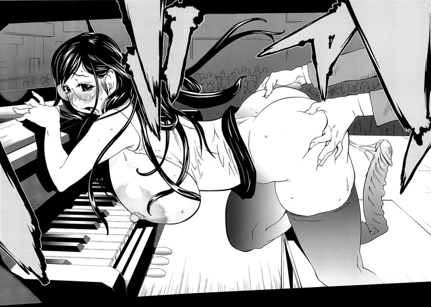 audience bent_over blush bottomless breasts breasts_outside dildo dildo_removed gigantic_breasts glasses kneeling kotoyoshi_yumisuke monochrome no_panties nude piano plump public pussy_juice ring solo_focus sweat thighhighs