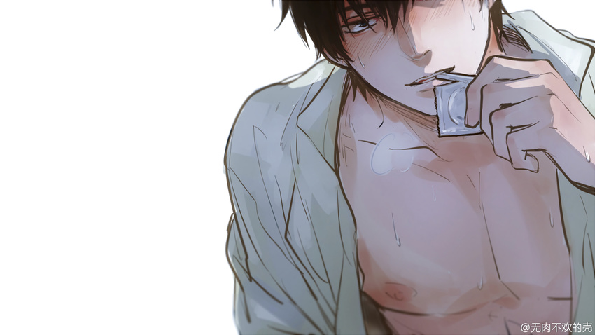 all_male black_eyes black_hair blush condom feiqiuxuan gintama hijikata_toushirou male nipples open_shirt white