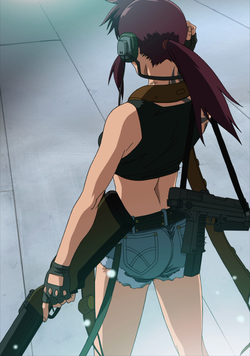 1girl ass back black_lagoon gun highres long_hair ponytail purple_hair revy_(black_lagoon) shorts solo standing stitched tattoo weapon