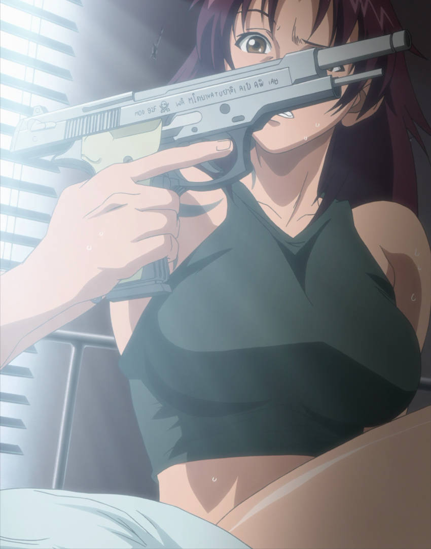 1girl black_lagoon gun highres purple_hair revy_(black_lagoon) solo stitched tattoo weapon