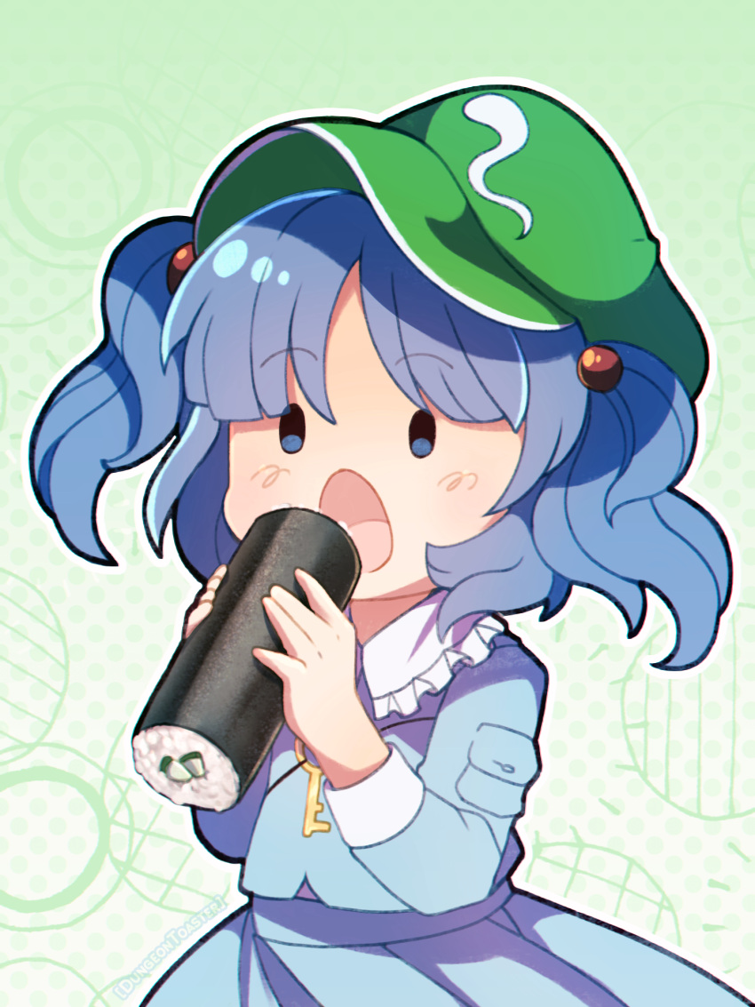 1girl \||/ bangs blue_eyes blue_hair chibi commentary dungeon_toaster ehoumaki eyebrows_visible_through_hair food frilled_shirt_collar frills hair_bobbles hair_ornament hat highres holding holding_food kawashiro_nitori key makizushi simple_background solo sushi touhou two_side_up white_background