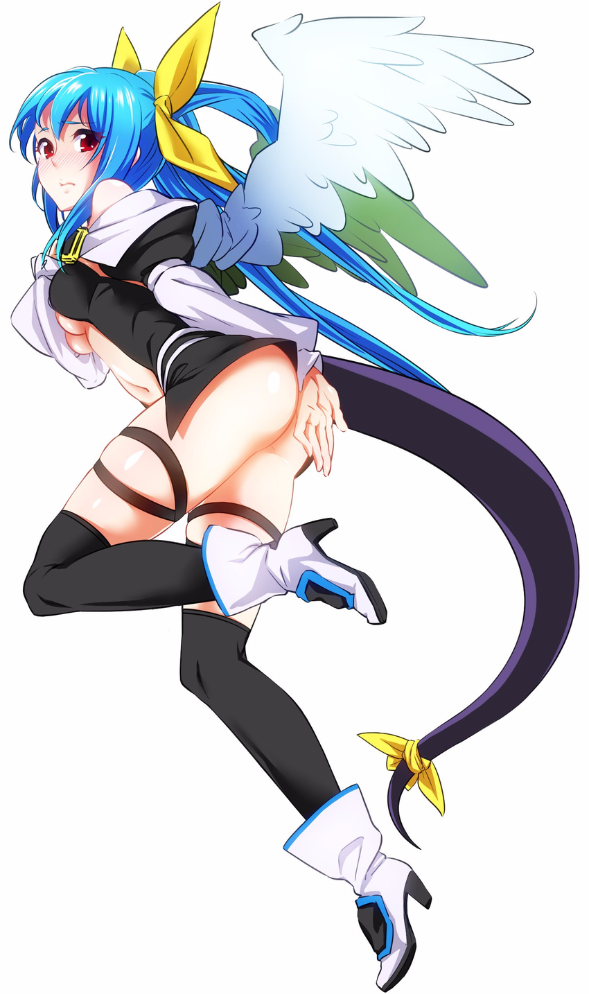 1girl arc_system_works ass asymmetrical_wings bare_shoulders black_legwear blue_hair blush boots breasts covering covering_ass detached_sleeves dizzy embarrassed full-face_blush guilty_gear guilty_gear_x guilty_gear_xx hair_ribbon long_hair looking_at_viewer looking_back red_eyes ribbon shiny shiny_hair shiny_skin solo tail tail_ribbon thighhighs un wavy_mouth wings