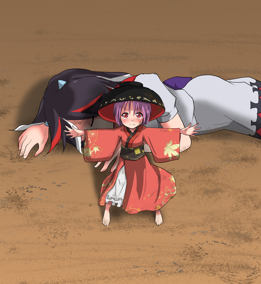 barefoot blocking bowl bowl_hat commentary_request dirty dirty_feet hat highres horns japanese_clothes kijin_seija looking_at_viewer lying multicolored_hair multiple_girls nupuryu obi on_ground outstretched_arms protecting purple_hair red_eyes sash short_hair short_sleeves sukuna_shinmyoumaru tears touhou unconscious