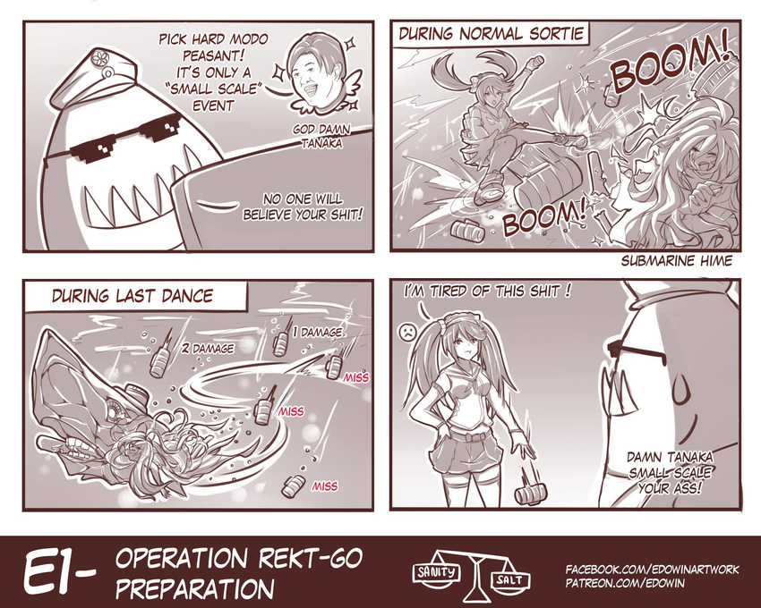 admiral_(kantai_collection) comic defense_of_the_ancients depth_charge dota_2 edwin_(cyberdark_impacts) english hand_on_hip highres holding isuzu_(kantai_collection) kantai_collection monochrome sharp_teeth short_hair skirt standing submarine_hime sunglasses tanaka_kensuke teeth thighhighs tidehunter twintails upper_body zettai_ryouiki