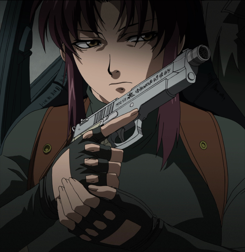 black_lagoon gun highres purple_hair revy_(black_lagoon) screencap solo stitched weapon