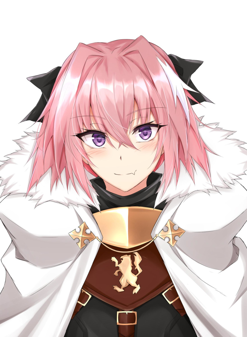 1boy absurdres astolfo_(fate) bangs black_bow blush bow cape eyebrows_visible_through_hair eyelashes fang_out fate/apocrypha fate_(series) fur_trim hair_between_eyes hair_bow hair_intakes highres looking_at_viewer male_focus multicolored_hair pink_hair piro_(iiiiiiiiii) purple_eyes short_hair simple_background smile solo streaked_hair trap upper_body white_background white_cape white_hair