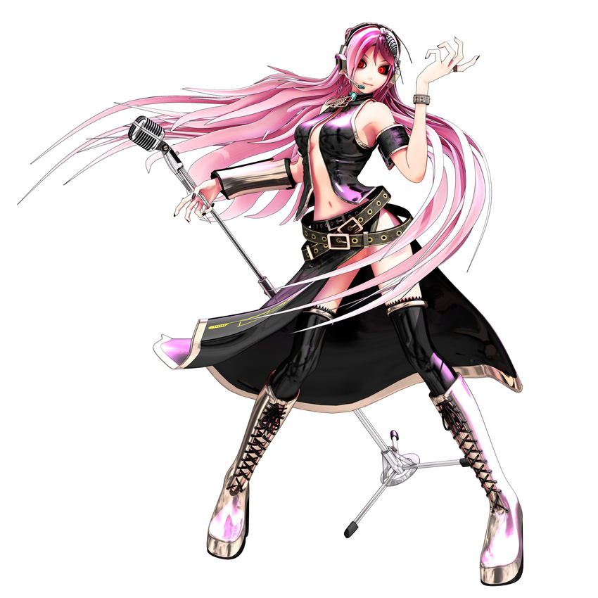 boots breasts calne_ca cosplay cross-laced_footwear full_body hair_censor highres knee_boots lace-up_boots long_hair maeda_koutarou medium_breasts megurine_luka megurine_luka_(cosplay) microphone microphone_stand navel no_bra no_panties pink_hair platform_footwear red_eyes solo thighs vocaloid white_background