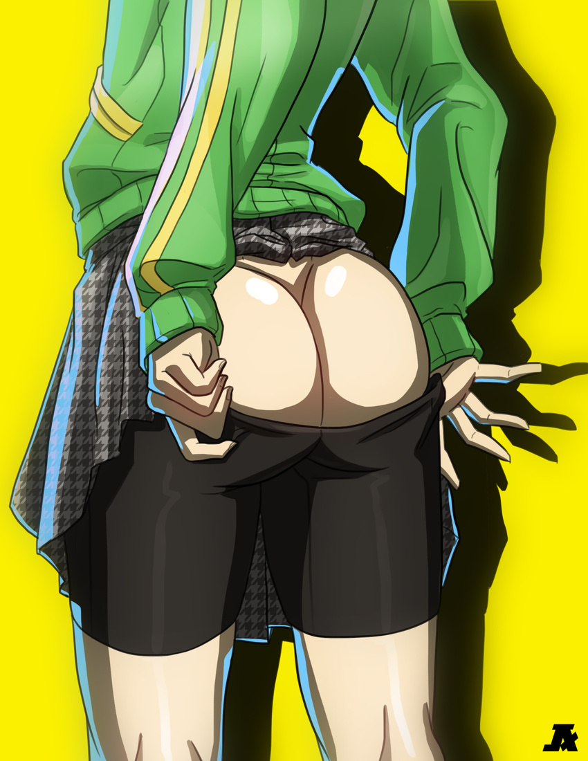 1girl ass bike_shorts butt_crack from_behind green_jacket head_out_of_frame highres houndstooth jacket jesus_avalos kneepits mooning no_panties persona persona_4 pov_ass pulled_by_self satonaka_chie shorts shorts_pull skirt skirt_lift solo track_jacket yellow_background