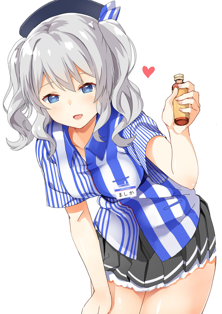 beret blue_eyes blush breasts byte_(allbyte) employee_uniform engrish hat highres kantai_collection kashima_(kantai_collection) lawson long_hair looking_at_viewer medium_breasts name_tag open_mouth ranguage shirt sidelocks silver_hair skirt smile solo striped tsurime twintails uniform wavy_hair