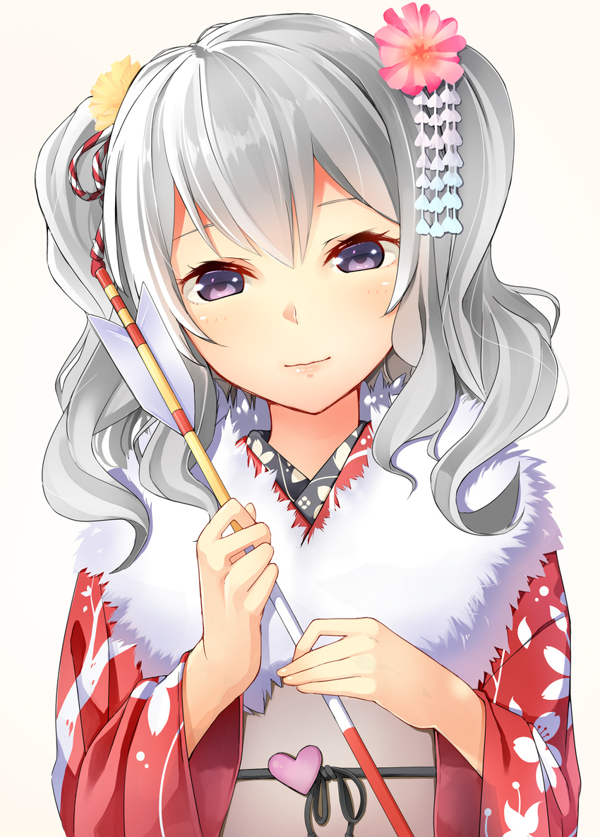 absurdres arrow blush byte_(allbyte) flower fur_trim grey_eyes hair_flower hair_ornament hamaya highres japanese_clothes kantai_collection kanzashi kashima_(kantai_collection) kimono long_hair looking_at_viewer new_year obi sash sidelocks silver_hair smile solo tsumami_kanzashi tsurime twintails wavy_hair