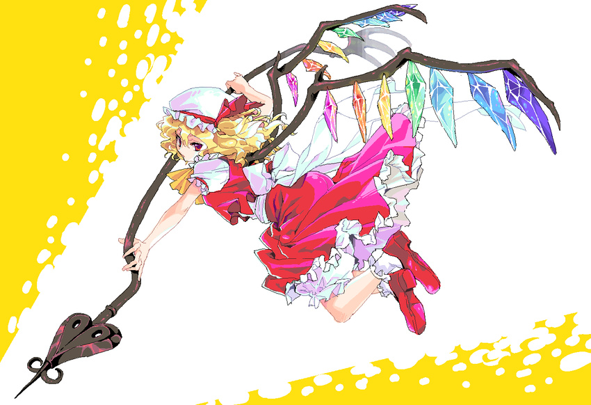 ascot blonde_hair crystal dosanko flandre_scarlet full_body hat laevatein looking_at_viewer mob_cap puffy_short_sleeves puffy_sleeves red_eyes ribbon short_sleeves skirt skirt_set solo touhou white_ribbon wings