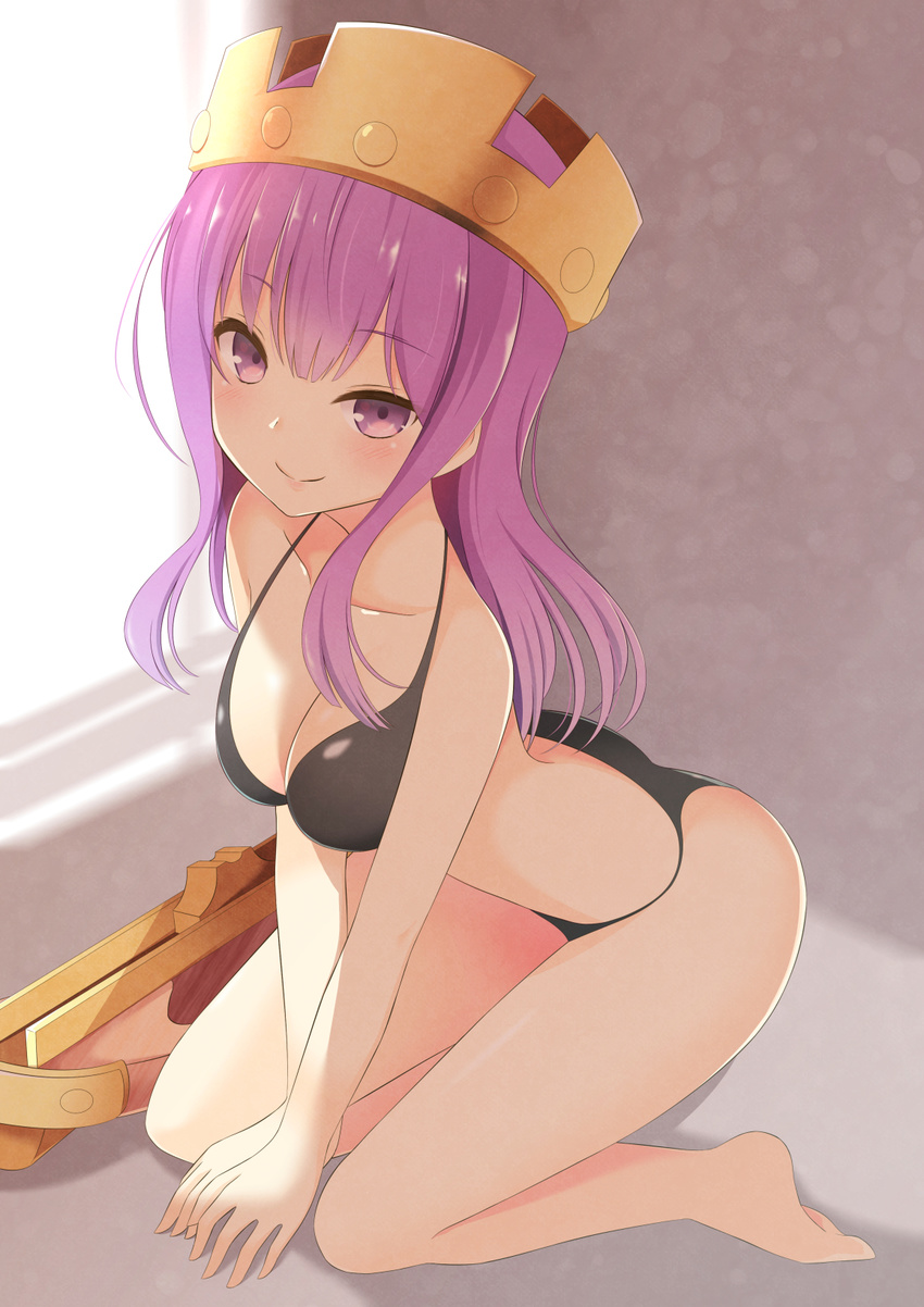 aibumi archer_queen bad_id bad_pixiv_id bikini black_bikini bow_(weapon) breasts clash_of_clans cleavage collarbone crossbow crown highres kneeling long_hair looking_at_viewer medium_breasts purple_eyes purple_hair smile solo swimsuit v_arms weapon