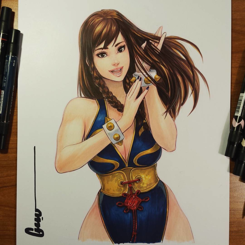 1girl alternate_costume alternate_hairstyle black_dress braid breasts brown_hair capcom china_dress chinese_clothes chun-li cleavage dress looking_at_viewer nail_polish omar_dogan sketch spiked_bracelet street_fighter street_fighter_v traditional_media twin_braids