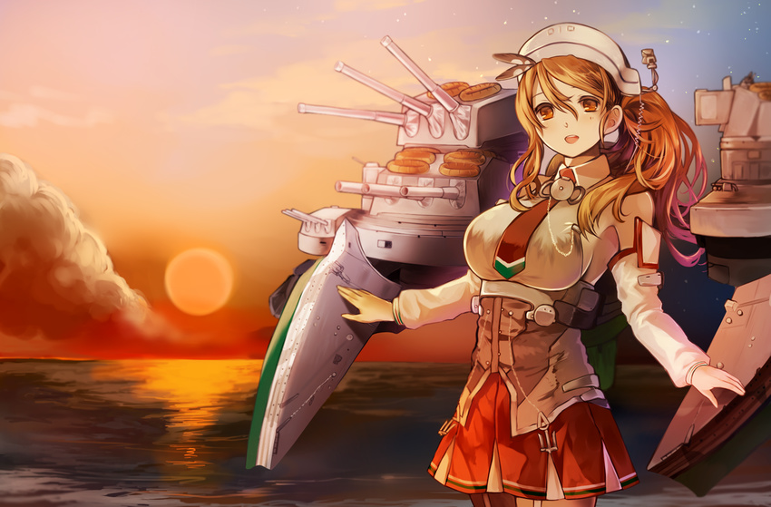 breasts brown_eyes brown_hair hair_ornament hat highres italia_(kantai_collection) kaju kantai_collection large_breasts littorio_(kantai_collection) long_hair machinery miniskirt skirt smile solo turret