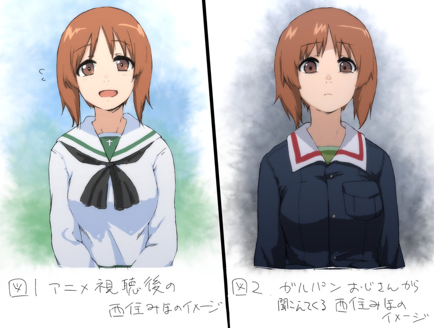 brown_eyes brown_hair commentary_request empty_eyes girls_und_panzer military military_uniform nishizumi_miho ooarai_military_uniform ooarai_school_uniform open_mouth school_uniform serafuku short_hair solo terimayo translated uniform