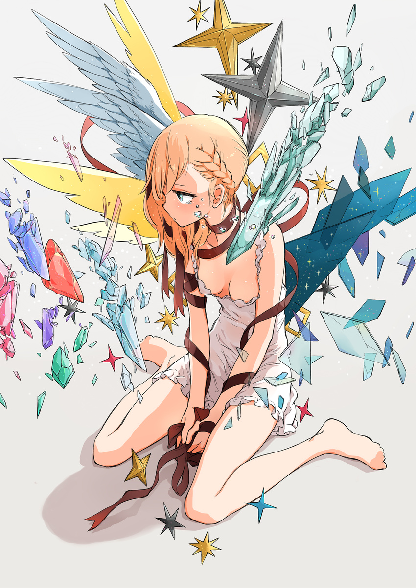 arakawa_(aintnoroom) arm_ribbon asymmetrical_hair asymmetrical_wings bangs bare_legs barefoot between_legs blonde_hair blue_eyes blush braid breasts broken crying crystal downblouse dress feathered_wings flying_teardrops french_braid frills from_above full_body gradient gradient_background grey_background hand_between_legs highres holding long_hair looking_away looking_to_the_side multiple_wings no_bra original red_ribbon ribbon sad shadow short_dress sitting sleeveless sleeveless_dress small_breasts solo square star sundress tears triangle wariza white_dress white_wings wings yellow_wings