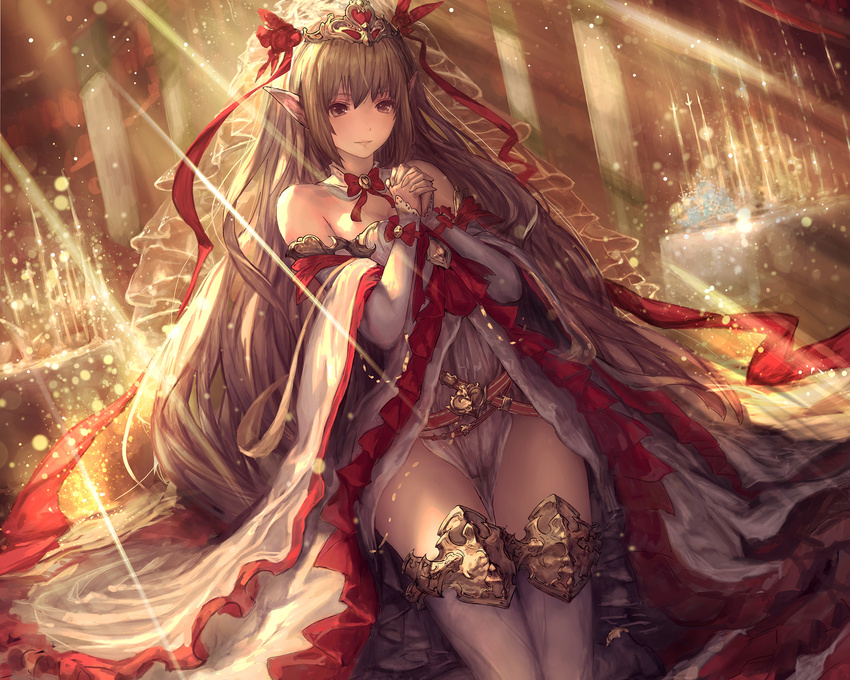 bow brown_eyes brown_hair cropped crown long_hair pointed_ears ribbons shingeki_no_bahamut tachikawa_mushimaro thighhighs