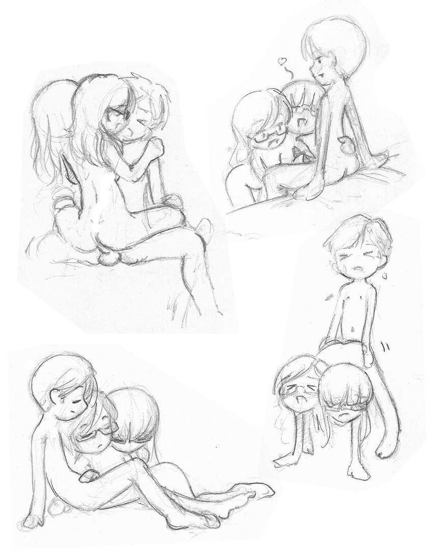 1boy 2girls black_and_white conjoined glasses monochrome multi_head multiple_girls pencil penis sex sketches twins