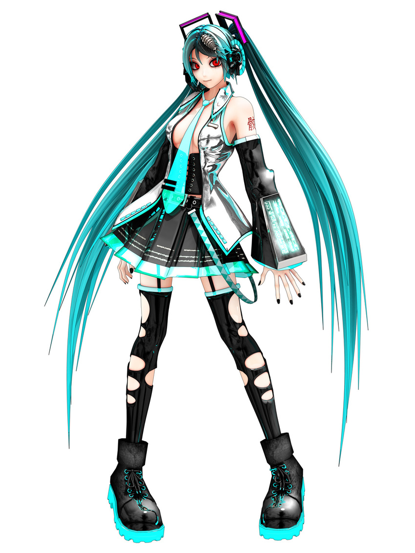 aqua_hair belt boots breasts calne_ca cleavage corset cosplay detached_sleeves full_body hatsune_miku hatsune_miku_(cosplay) highres long_hair maeda_koutarou medium_breasts necktie red_eyes solo tattoo thighhighs torn_clothes torn_legwear twintails vest vocaloid white_background