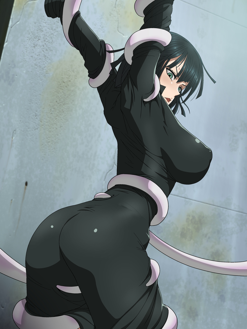 1girl arm_grab arms_up ass black_dress black_hair blush breasts dress fubuki_(one-punch_man) green_eyes highres huge_breasts ice_place imminent_rape legs long_sleeves looking_down one-punch_man parted_lips puffy_nipples restrained short_hair sideboob solo_focus standing sweatdrop tentacle thighs