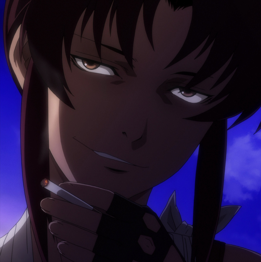 1girl black_lagoon cigarette highres revy_(black_lagoon) smile solo standing stitched