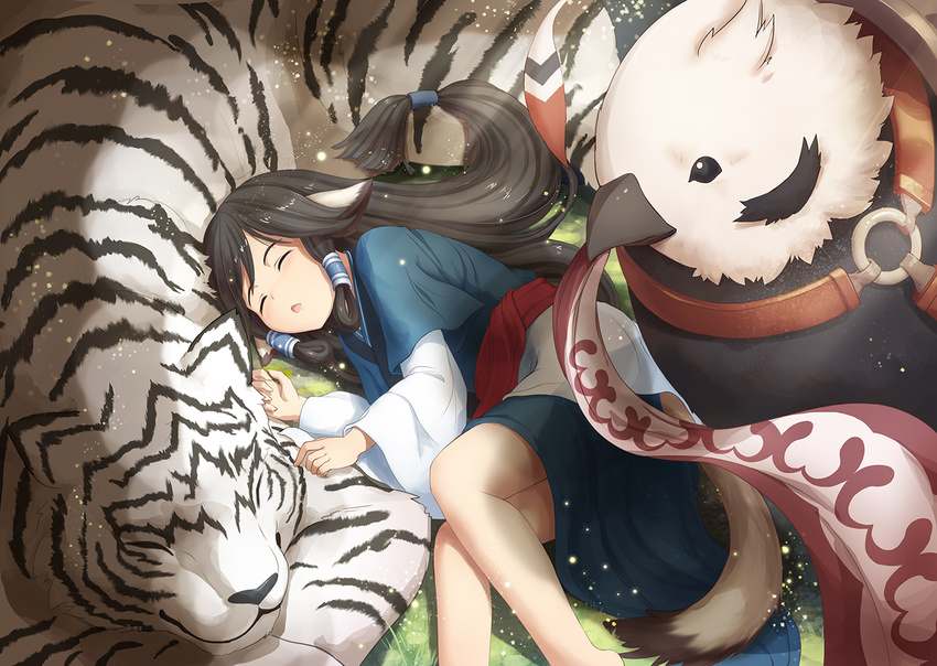 animal_ears aruruw bird black_hair closed_eyes dog_ears dog_tail kokopo_(utawareru_mono) long_hair lying mukkuru nncat sleeping tail tiger traditional_clothes utawareru_mono utawareru_mono:_itsuwari_no_kamen