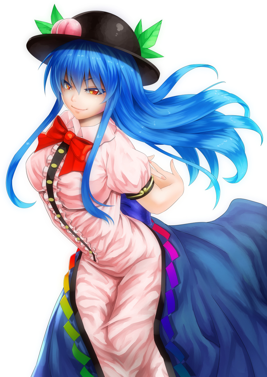 &gt;:) arms_behind_back black_bow black_hat blue_hair bow bowtie center_frills closed_mouth collar colored_eyelashes dress feet_out_of_frame floating_hair hair_between_eyes hands_clasped hat highres hinanawi_tenshi leaf lips long_hair long_skirt open_clothes open_skirt ototarou own_hands_together pink_dress puffy_short_sleeves puffy_sleeves rainbow_order red_bow red_eyes red_neckwear short_sleeves sidelocks simple_background skirt smile smirk smug solo stretch touhou tsurime v-shaped_eyebrows very_long_hair white_background