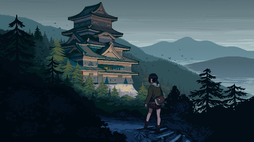 architecture bag bird black_hair building castle east_asian_architecture facing_away forest from_behind grey_sky hood hood_down hoodie long_sleeves mountain nature original outdoors pine_tree pixel_art pleated_skirt ponytail scenery short_ponytail shoulder_bag shroedinger skirt sky solo tree