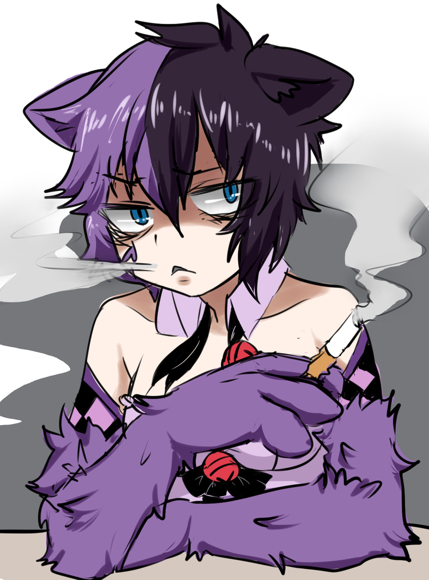 :&lt; animal_ears argyle argyle_gloves artist_request bare_shoulders bell between_fingers black_hair blue_eyes bow bowtie bowtie_removed cat_ears cheshire_cat_(monster_girl_encyclopedia) cigarette collarbone crossed_arms detached_collar elbow_gloves gloves highres holding jitome looking_at_viewer messy_hair monster_girl monster_girl_encyclopedia multicolored_hair paws purple_hair short_hair simple_background sketch smoking solo two-tone_hair upper_body white_background