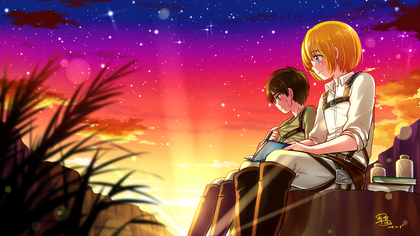 2014 2boys armin_arlert blonde_hair blush book boots bottle child dated eren_yeager grass male_focus moxue_qianxi multiple_boys outdoors pants shingeki_no_kyojin shirt short_hair signature sitting sky smile star sunset suspenders sweat