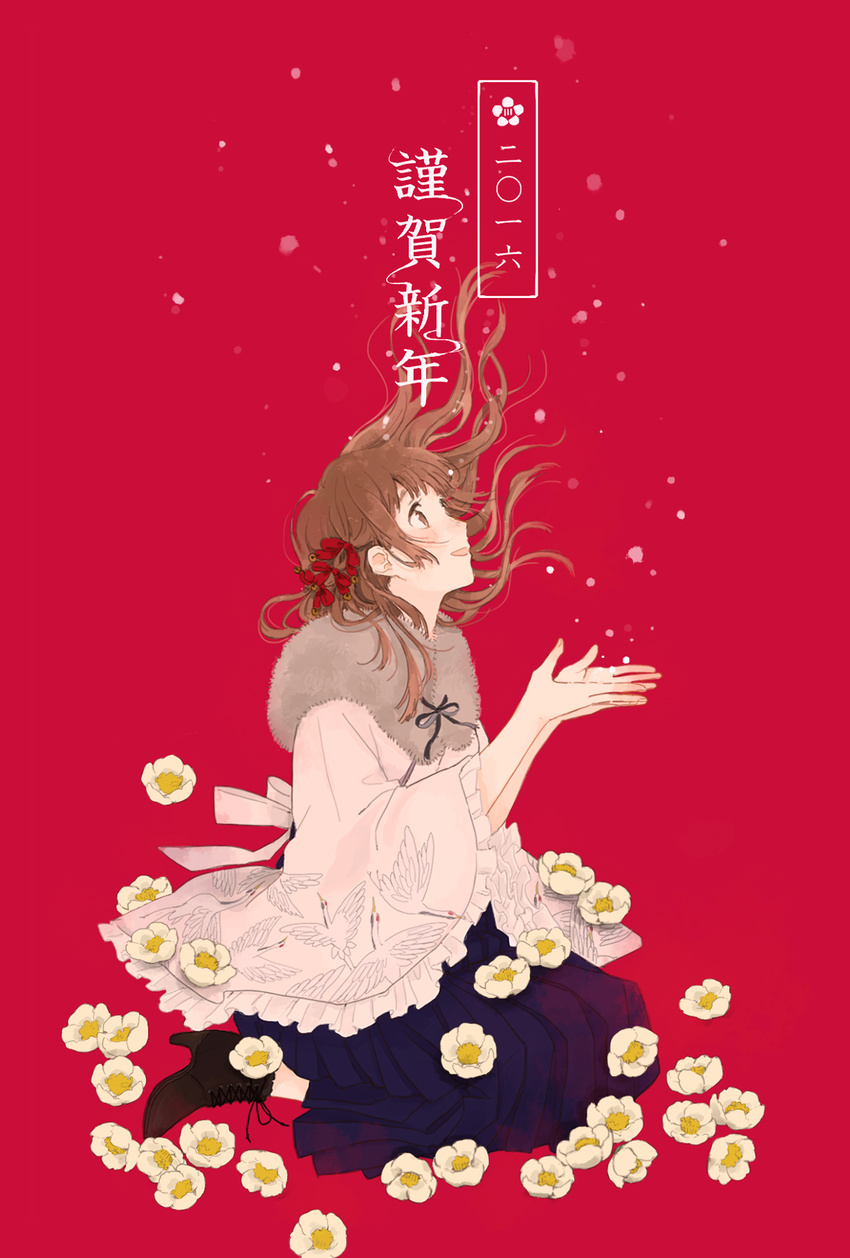 2016 boots brown_hair flower from_side full_body happy_new_year highres hinao_(flowerrabbit2348) kneeling long_skirt looking_up new_year original petals profile red_background seiza shawl simple_background sitting skirt solo text_focus translated