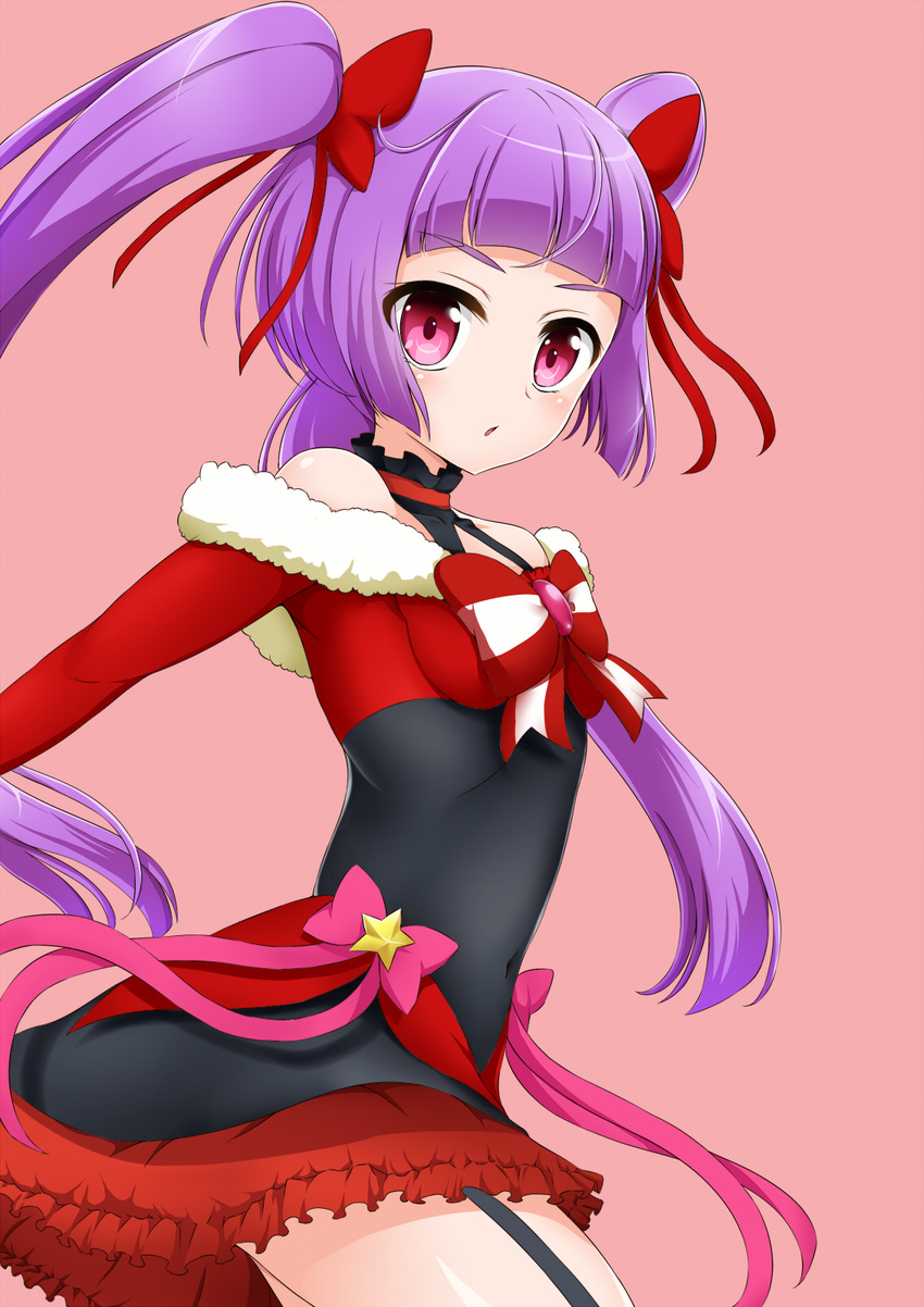 bow cowboy_shot cure_magical hair_bow highres izayoi_liko izuna_masaru long_hair looking_at_viewer magical_girl mahou_girls_precure! pink_background pink_bow precure purple_eyes purple_hair red_bow red_skirt ruby_style skirt solo striped striped_bow thigh_strap twintails