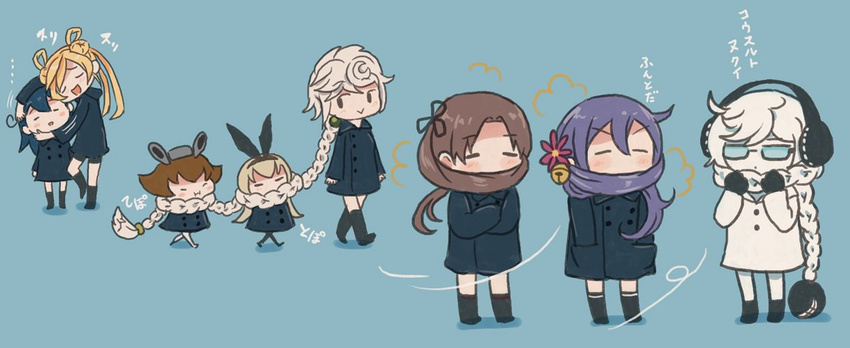 abukuma_(kantai_collection) ahoge akebono_(kantai_collection) animal_ears ayanami_(kantai_collection) bangs bell black_hair blonde_hair blush_stickers braid brown_hair bunny_ears check_translation coat commentary_request flower glasses hair_bell hair_between_eyes hair_flower hair_ornament hair_rings hair_scarf hands_in_pockets headgear headphones hug jingle_bell kantai_collection kneehighs long_hair mittens multiple_girls otoufu purple_hair self_hug shimakaze_(kantai_collection) shinkaisei-kan side_ponytail supply_depot_hime translation_request twintails unryuu_(kantai_collection) ushio_(kantai_collection) white_hair wind winter_clothes winter_coat yukikaze_(kantai_collection)