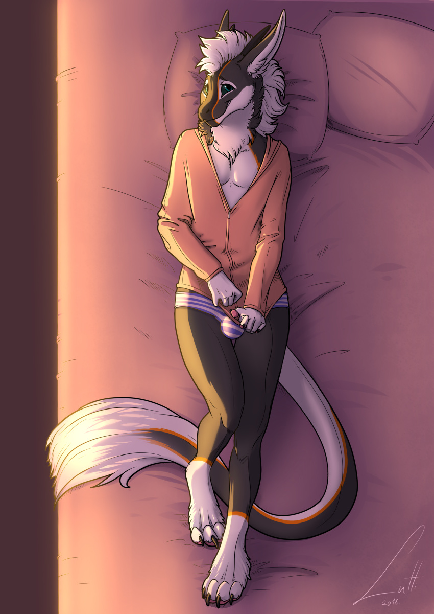anthro bed bulge clothing dragon embarrassed fur furred_dragon girly hi_res horn lutti male pillow r'hael shy smile solo sweater underwear