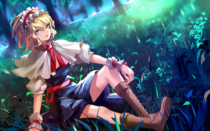 alice_margatroid bangs blonde_hair blue_dress blue_eyes boots brown_footwear capelet cravat cross-laced_footwear dress dutch_angle eredhen flower grass hair_between_eyes hairband lace-up_boots looking_at_viewer motion_blur nature on_grass on_ground open_mouth outdoors puffy_sleeves ribbon sash short_hair short_sleeves sitting smile solo touhou tree wallpaper wrist_cuffs