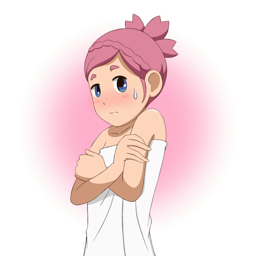 blue_eyes blush braid covering covering_chest flat_color highres inazuma_eleven_(series) inazuma_eleven_go inazuma_eleven_go_galaxy naked_towel nozaki_sakura pink_hair solo sweatdrop to-ya_musium towel upper_body