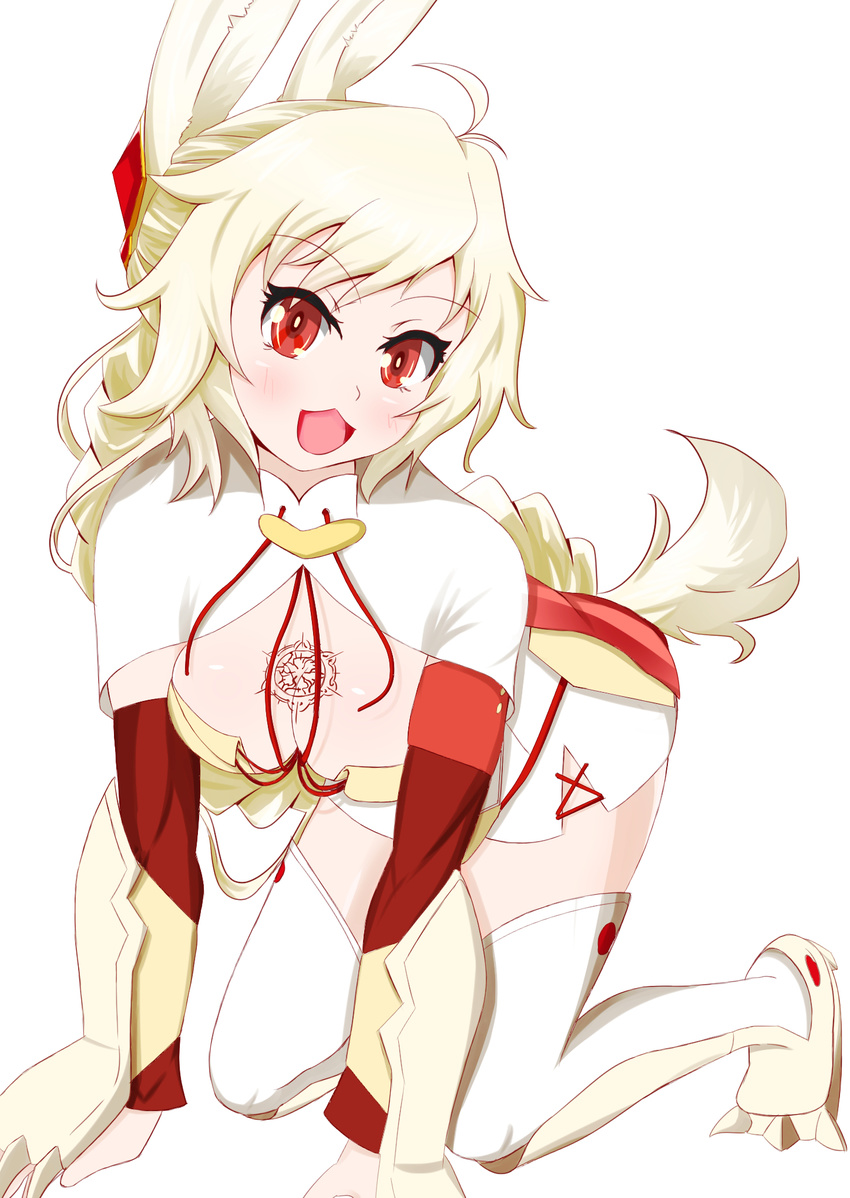 ahoge animal_ears blonde_hair blush braid breasts bunny_ears capelet cleavage hair_ornament hands_on_floor highres large_breasts long_hair looking_at_viewer nachetanya_loei_piena_augustra open_mouth red_eyes rokka_no_yuusha simejing simple_background sitting smile solo spiked_knuckles thighhighs white_background white_legwear